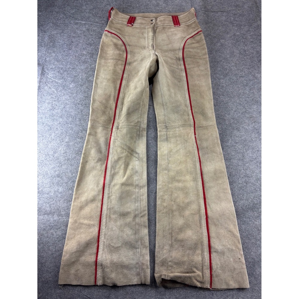 VTG Suede Leather Flare Pants Tan Red Piping Western Flare Leg 28x31 SEE FLAWS